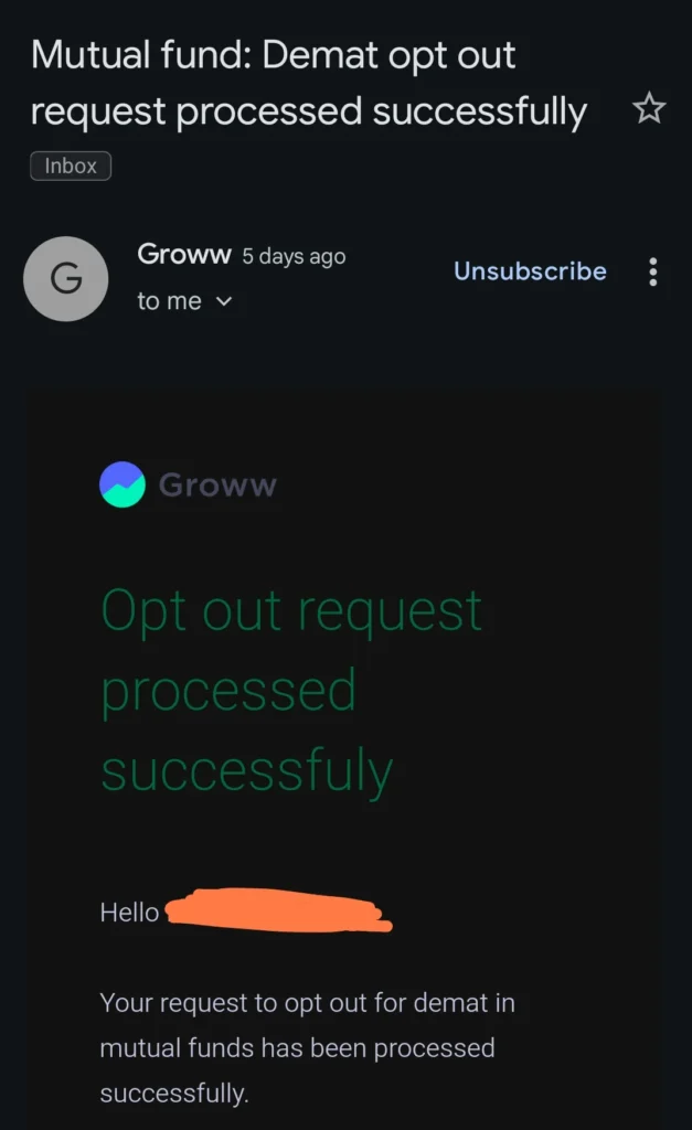1000058463 Mutual fund Opt out request processed successfully Groww
